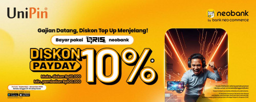 Diskon 10% Top Up Game Favoritmu Pas Gajian pakai QRIS neobank di UniPin
